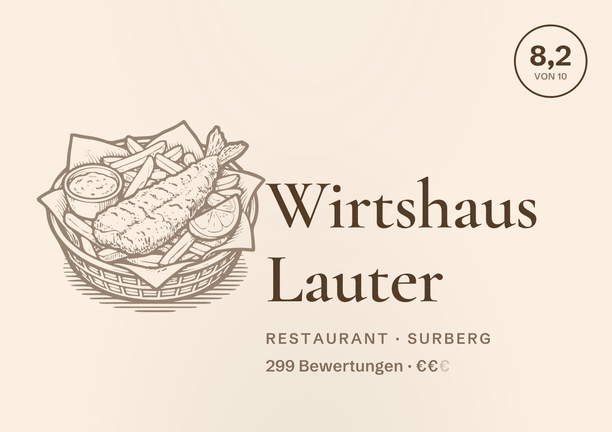 Illustriertes Poster von Wirtshaus Lauter, Restaurant in Surberg: Bewertung 8,2 von 10 aus 299 Bewertungen, Preisniveau €€