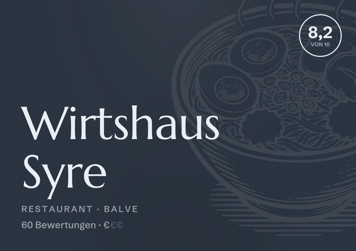 Illustriertes Poster von Wirtshaus Syre, Restaurant in Balve: Bewertung 8,2 von 10 aus 60 Bewertungen, Preisniveau €