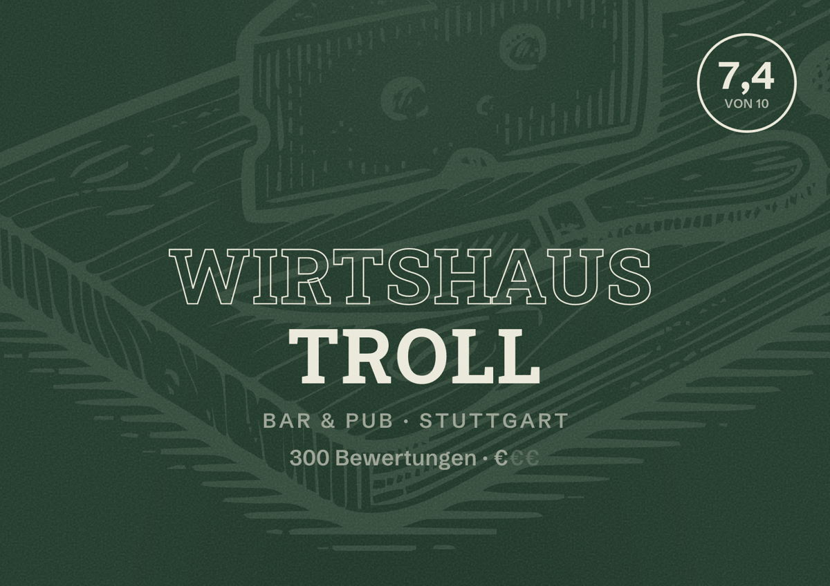 Illustriertes Poster von Wirtshaus Troll, Bar & Pub in Stuttgart: Bewertung 7,4 von 10 aus 300 Bewertungen, Preisniveau €