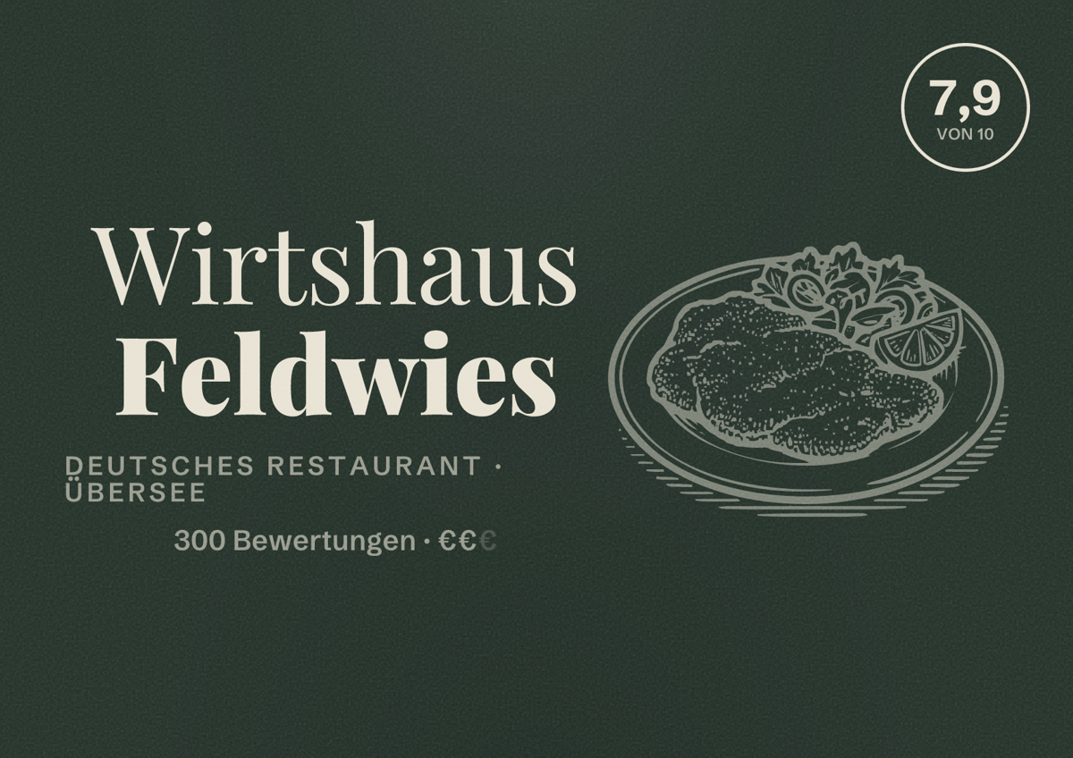 Illustriertes Poster von Wirtshaus Feldwies, Deutsches Restaurant in Übersee: Bewertung 7,9 von 10 aus 300 Bewertungen, Preisniveau €€