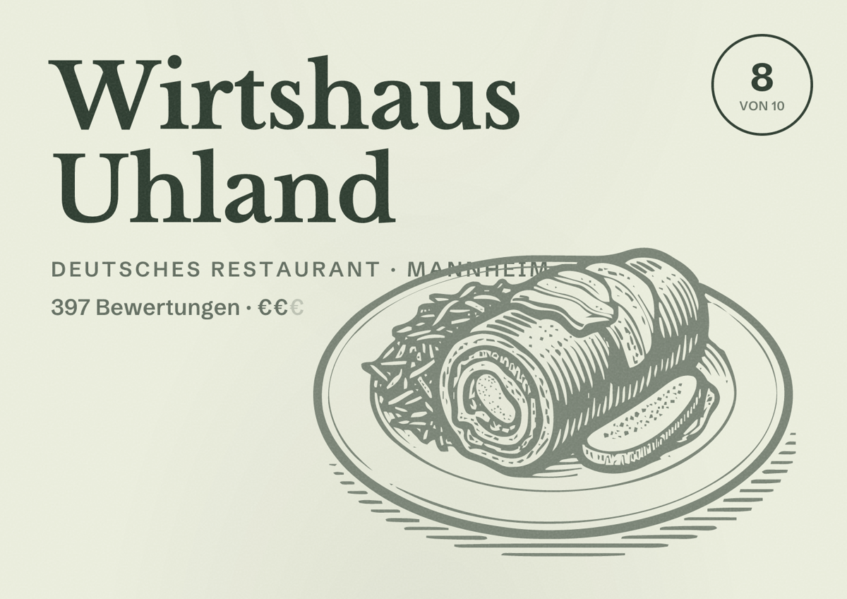 Illustriertes Poster von Wirtshaus Uhland, Deutsches Restaurant in Mannheim: Bewertung 8 von 10 aus 397 Bewertungen, Preisniveau €€