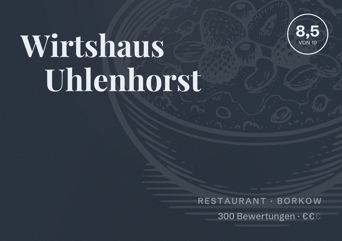 Illustriertes Poster von Wirtshaus Uhlenhorst, Restaurant in Borkow: Bewertung 8,5 von 10 aus 300 Bewertungen, Preisniveau €€