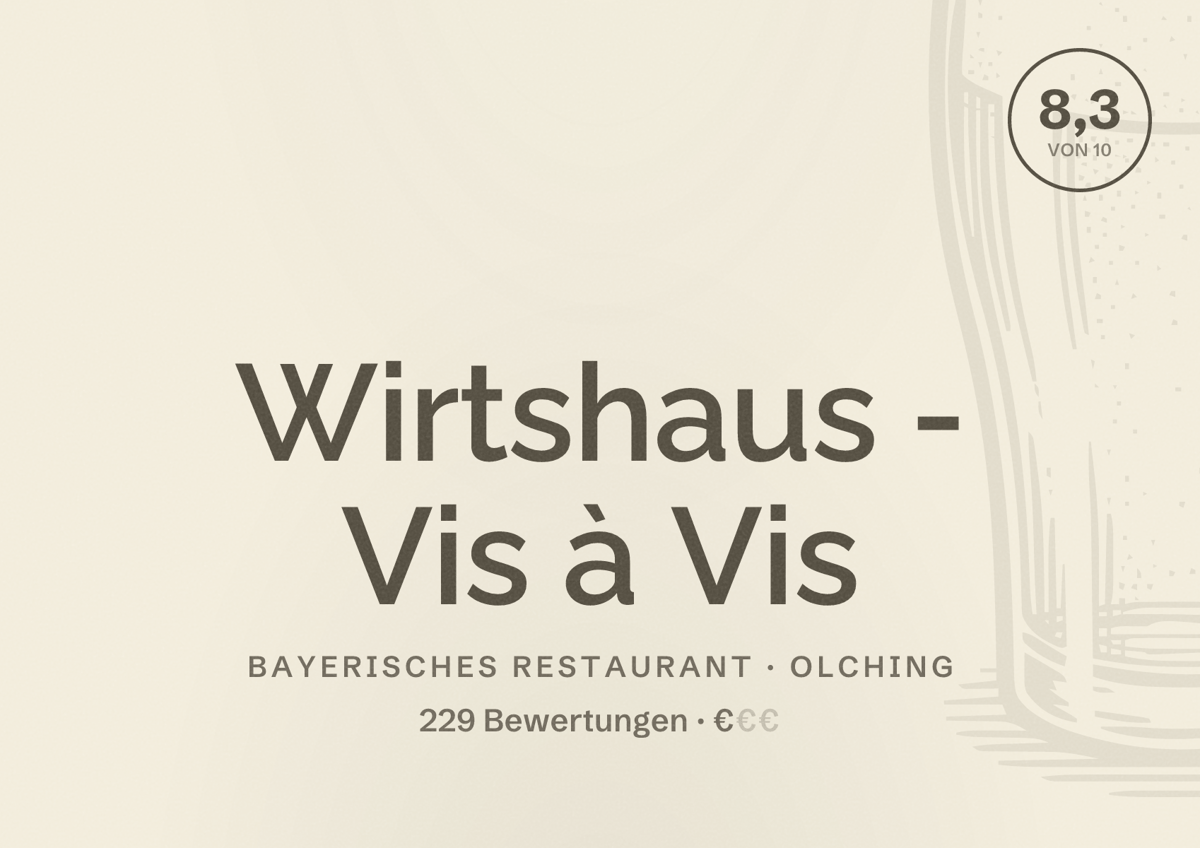 Illustriertes Poster von Wirtshaus - Vis à Vis, Bayerisches Restaurant in Olching: Bewertung 8,3 von 10 aus 229 Bewertungen, Preisniveau €