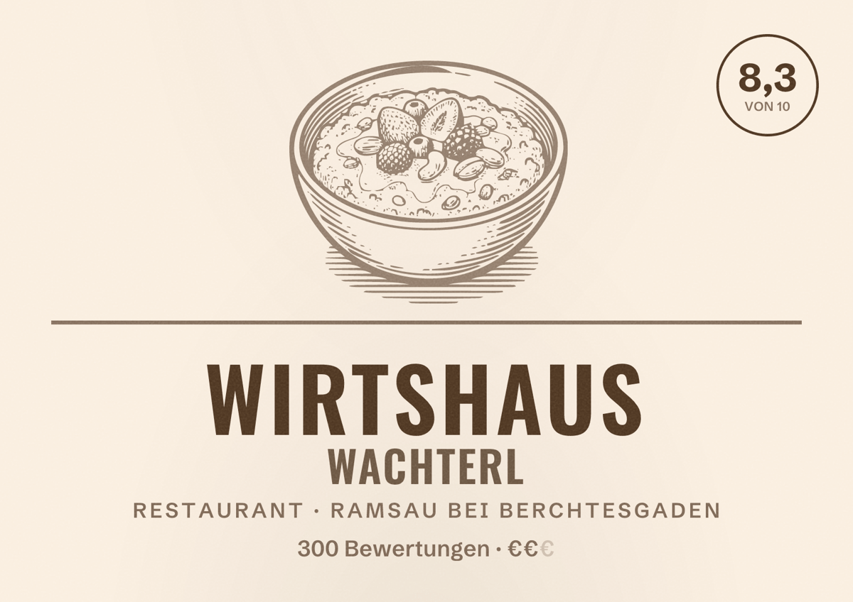 Illustriertes Poster von Wirtshaus Wachterl, Restaurant in Ramsau bei Berchtesgaden: Bewertung 8,3 von 10 aus 300 Bewertungen, Preisniveau €€