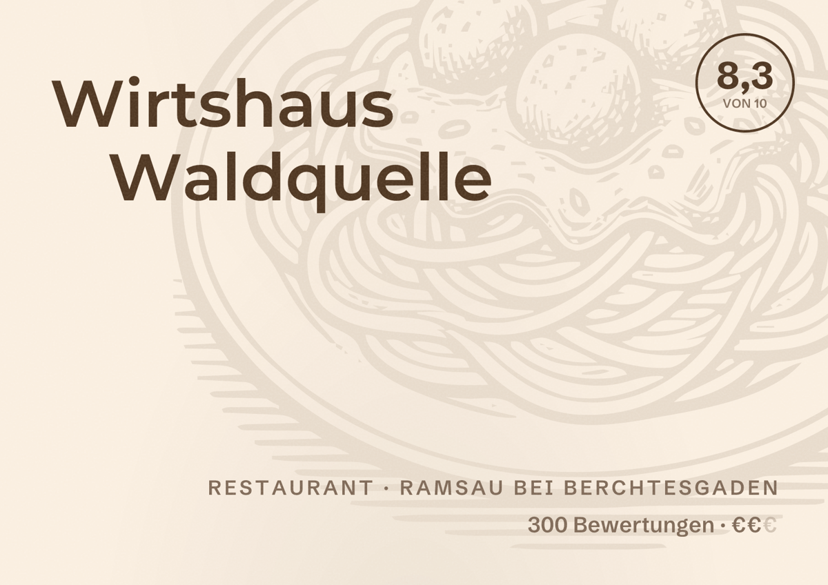 Illustriertes Poster von Wirtshaus Waldquelle, Restaurant in Ramsau bei Berchtesgaden: Bewertung 8,3 von 10 aus 300 Bewertungen, Preisniveau €€