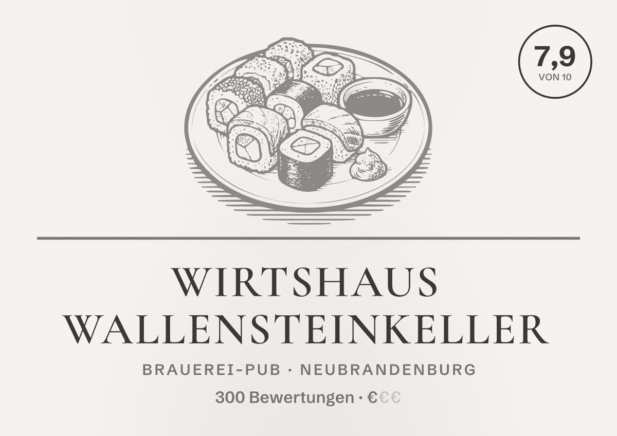 Illustriertes Poster von Wirtshaus Wallensteinkeller, Brauerei-Pub in Neubrandenburg: Bewertung 7,9 von 10 aus 300 Bewertungen, Preisniveau €