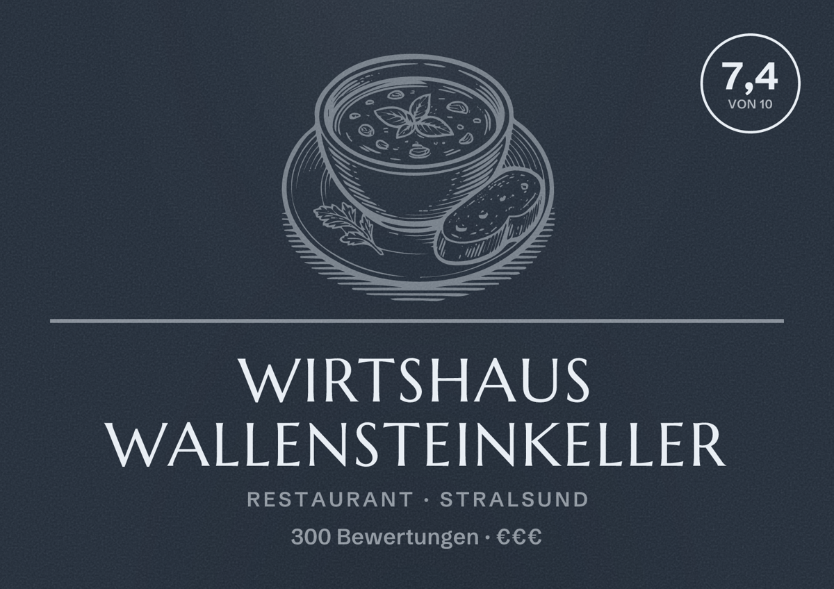 Illustriertes Poster von Wirtshaus Wallensteinkeller, Restaurant in Stralsund: Bewertung 7,4 von 10 aus 300 Bewertungen, Preisniveau €€€