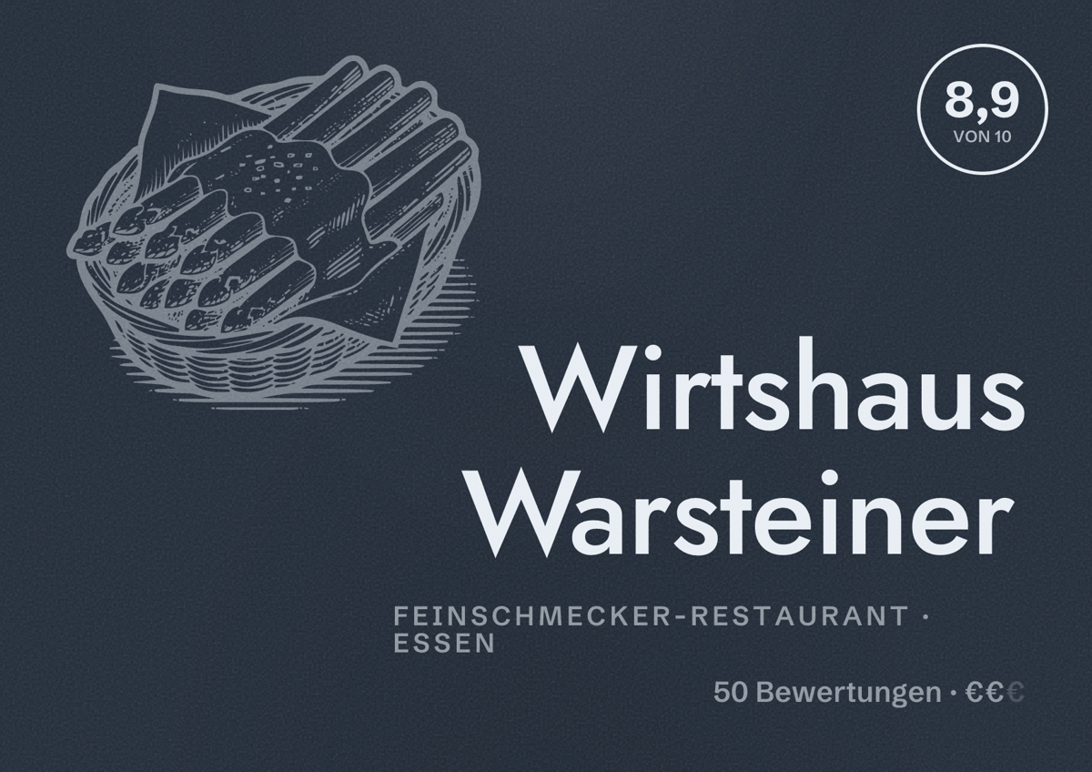 Illustriertes Poster von Wirtshaus Warsteiner, Feinschmecker-Restaurant in Essen: Bewertung 8,9 von 10 aus 50 Bewertungen, Preisniveau €€