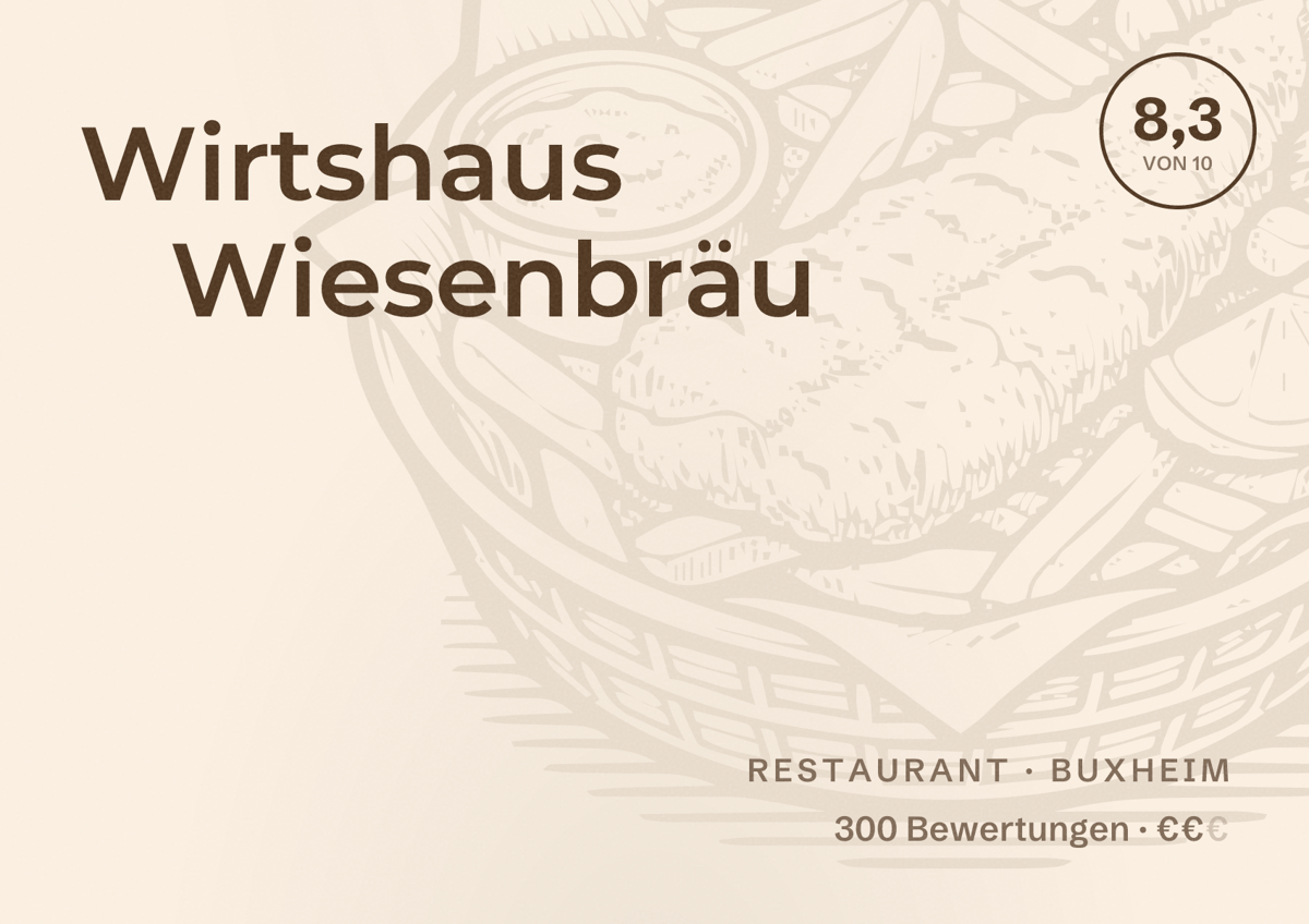 Illustriertes Poster von Wirtshaus Wiesenbräu, Restaurant in Buxheim: Bewertung 8,3 von 10 aus 300 Bewertungen, Preisniveau €€