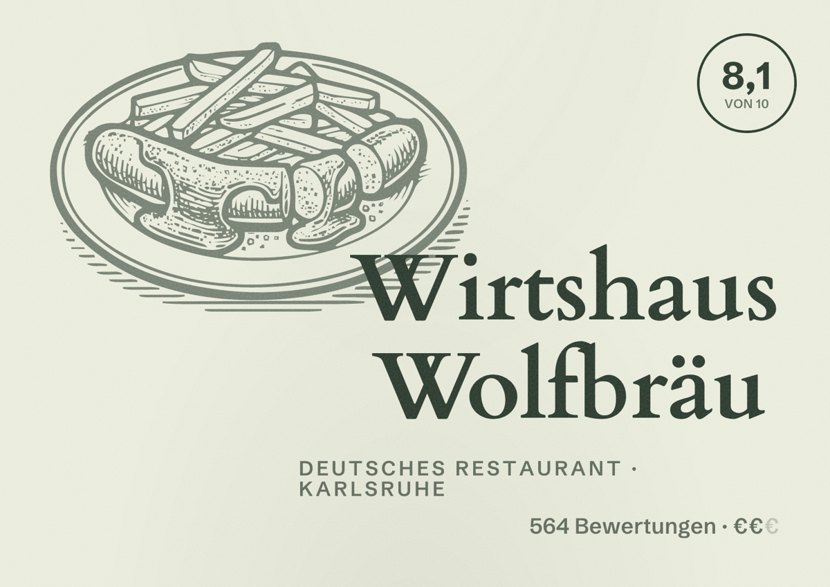 Illustriertes Poster von Wirtshaus Wolfbräu, Deutsches Restaurant in Karlsruhe: Bewertung 8,1 von 10 aus 564 Bewertungen, Preisniveau €€