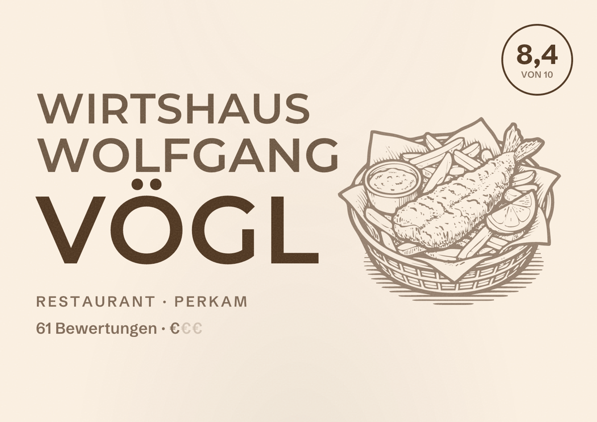 Illustriertes Poster von Wirtshaus Wolfgang Vögl, Restaurant in Perkam: Bewertung 8,4 von 10 aus 61 Bewertungen, Preisniveau €