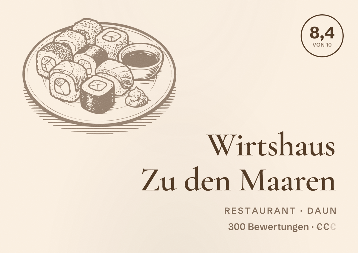 Illustriertes Poster von Wirtshaus Zu den Maaren, Restaurant in Daun: Bewertung 8,4 von 10 aus 300 Bewertungen, Preisniveau €€