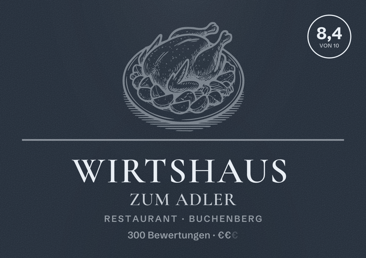 Illustriertes Poster von Wirtshaus Zum Adler, Restaurant in Buchenberg: Bewertung 8,4 von 10 aus 300 Bewertungen, Preisniveau €€