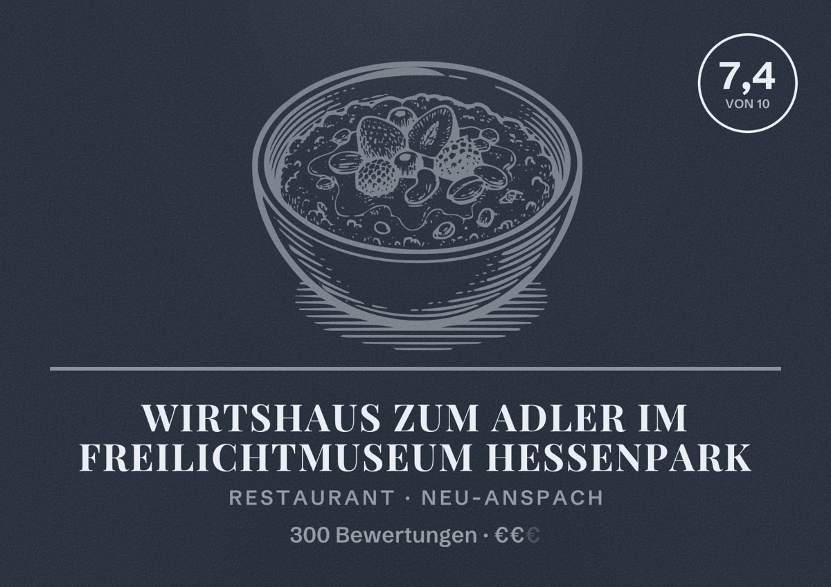 Illustriertes Poster von Wirtshaus Zum Adler im Freilichtmuseum Hessenpark, Restaurant in Neu-Anspach: Bewertung 7,4 von 10 aus 300 Bewertungen, Preisniveau €€