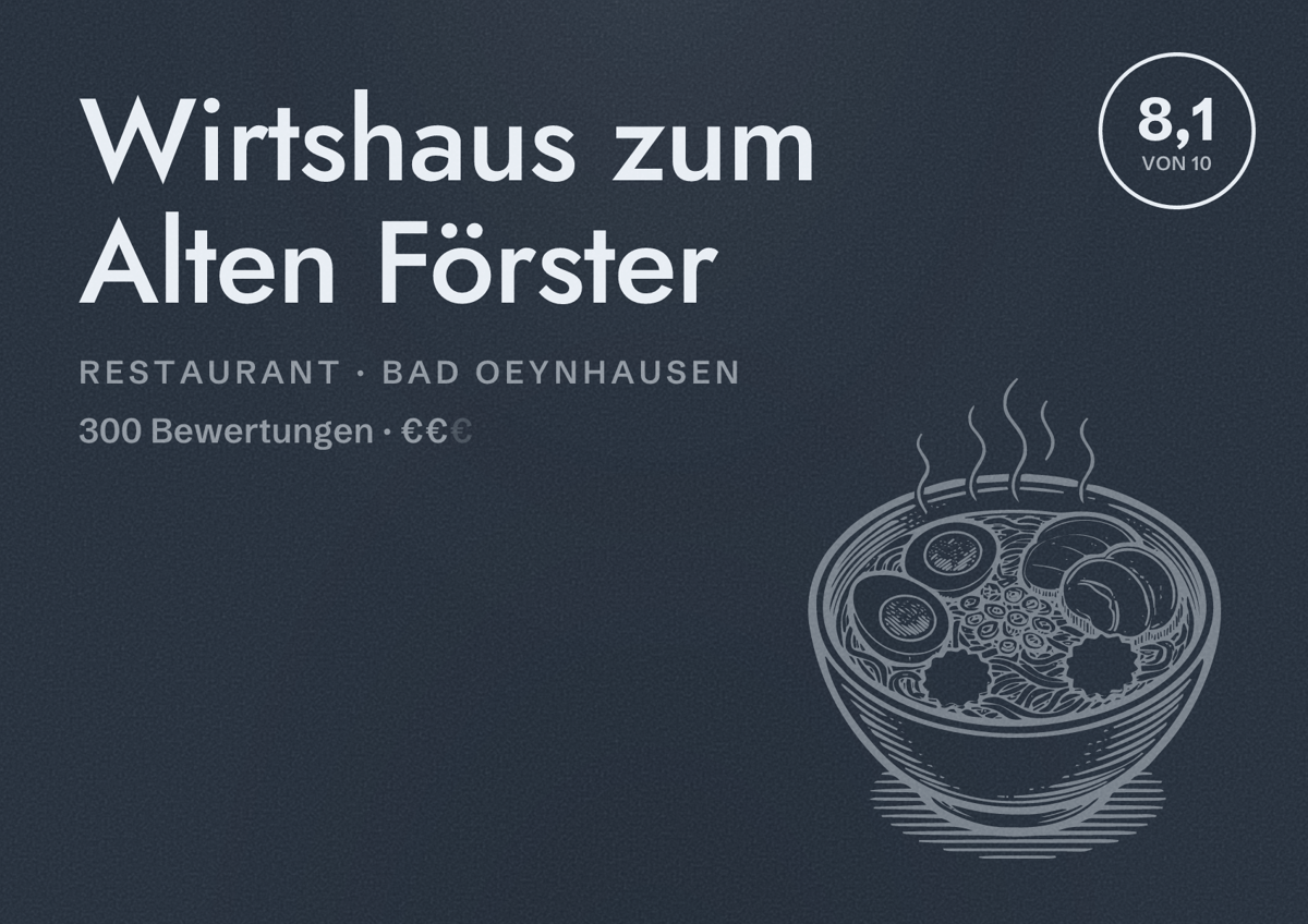 Illustriertes Poster von Wirtshaus zum Alten Förster, Restaurant in Bad Oeynhausen: Bewertung 8,1 von 10 aus 300 Bewertungen, Preisniveau €€