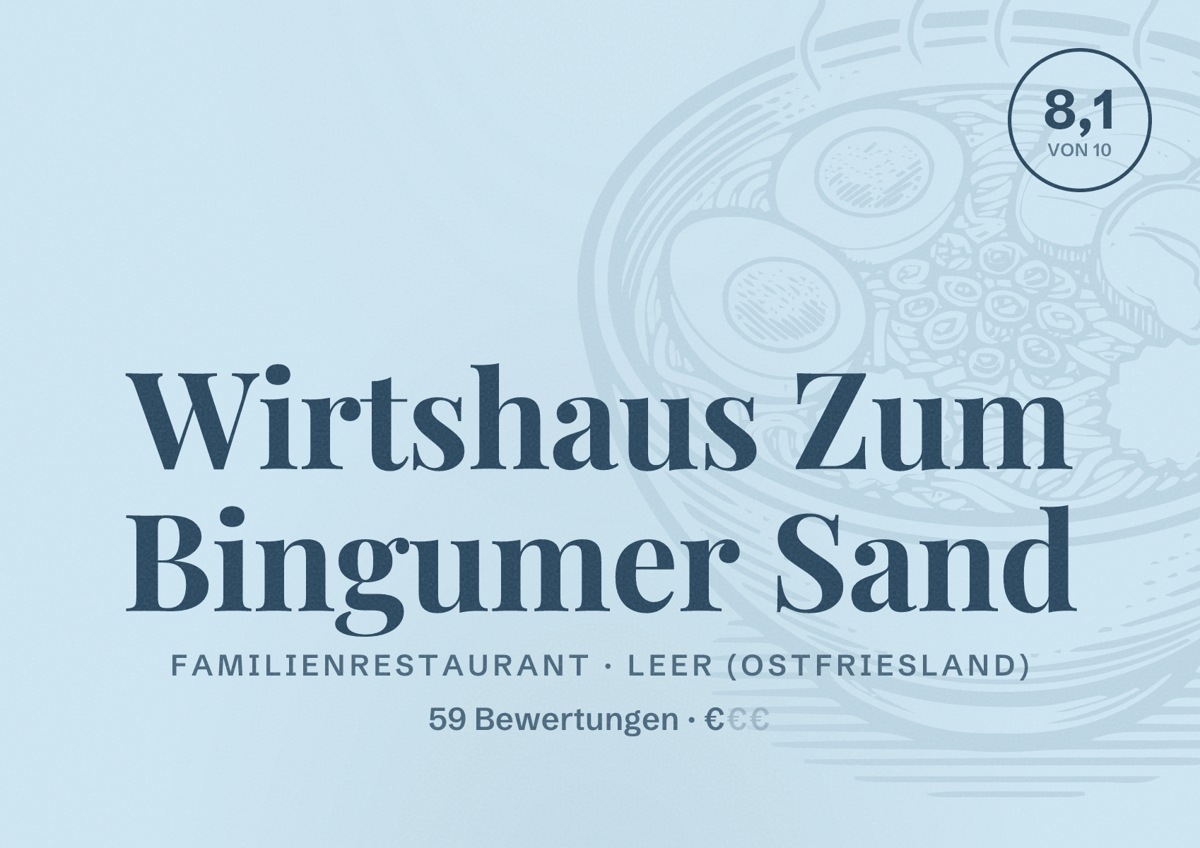 Illustriertes Poster von Wirtshaus Zum Bingumer Sand, Familienrestaurant in Leer (Ostfriesland): Bewertung 8,1 von 10 aus 59 Bewertungen, Preisniveau €