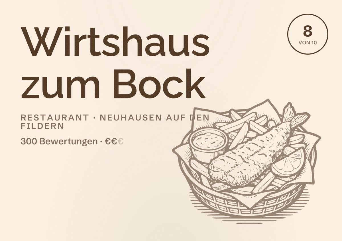 Illustriertes Poster von Wirtshaus zum Bock, Restaurant in Neuhausen auf den Fildern: Bewertung 8 von 10 aus 300 Bewertungen, Preisniveau €€