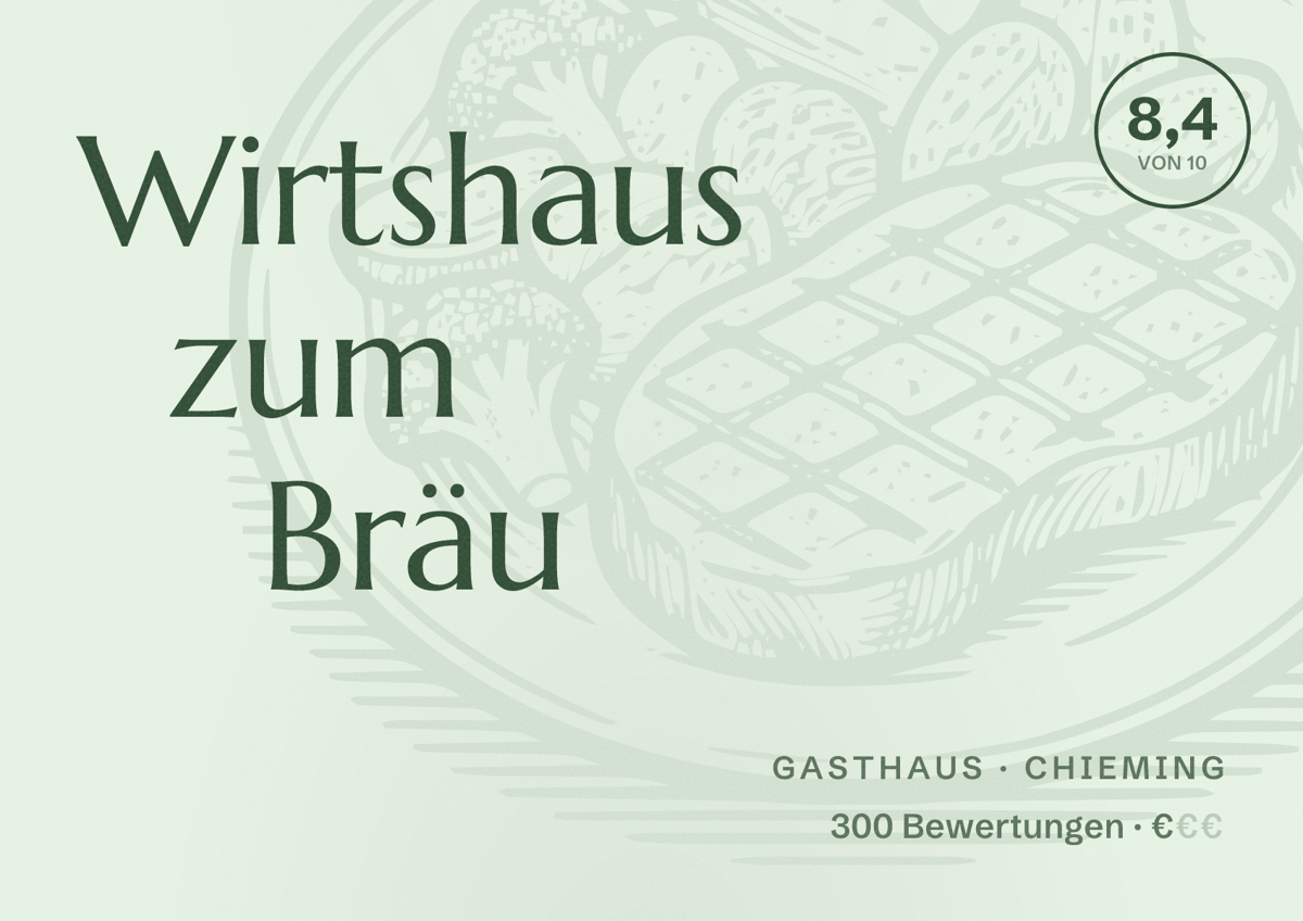 Illustriertes Poster von Wirtshaus zum Bräu, Gasthaus in Chieming: Bewertung 8,4 von 10 aus 300 Bewertungen, Preisniveau €
