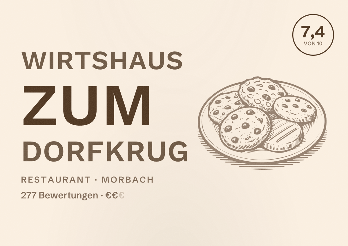 Illustriertes Poster von Wirtshaus Zum Dorfkrug, Restaurant in Morbach: Bewertung 7,4 von 10 aus 277 Bewertungen, Preisniveau €€