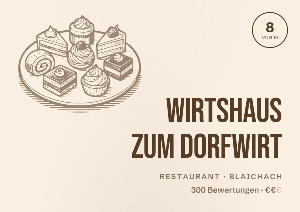 Illustriertes Poster von Wirtshaus zum Dorfwirt, Restaurant in Blaichach: Bewertung 8 von 10 aus 300 Bewertungen, Preisniveau €€