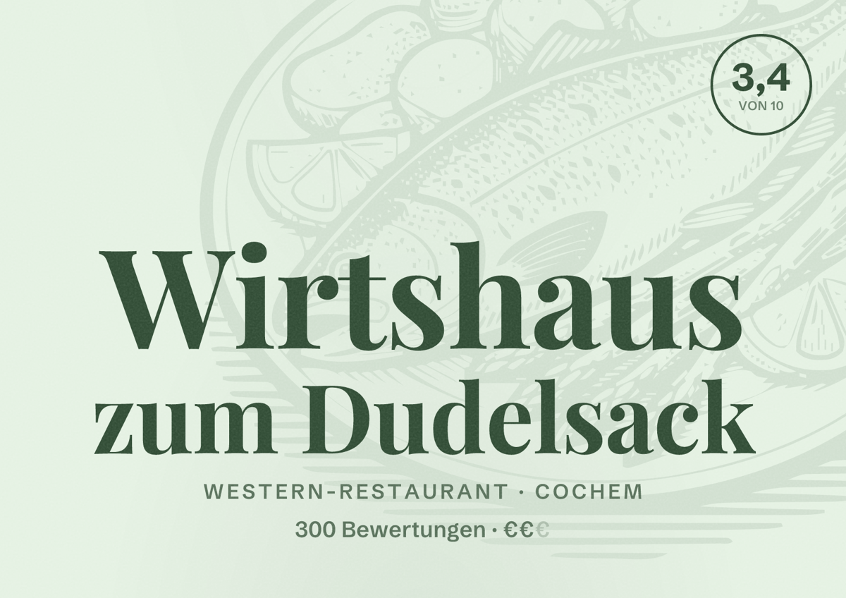 Illustriertes Poster von Wirtshaus zum Dudelsack, Western-Restaurant in Cochem: Bewertung 3,4 von 10 aus 300 Bewertungen, Preisniveau €€
