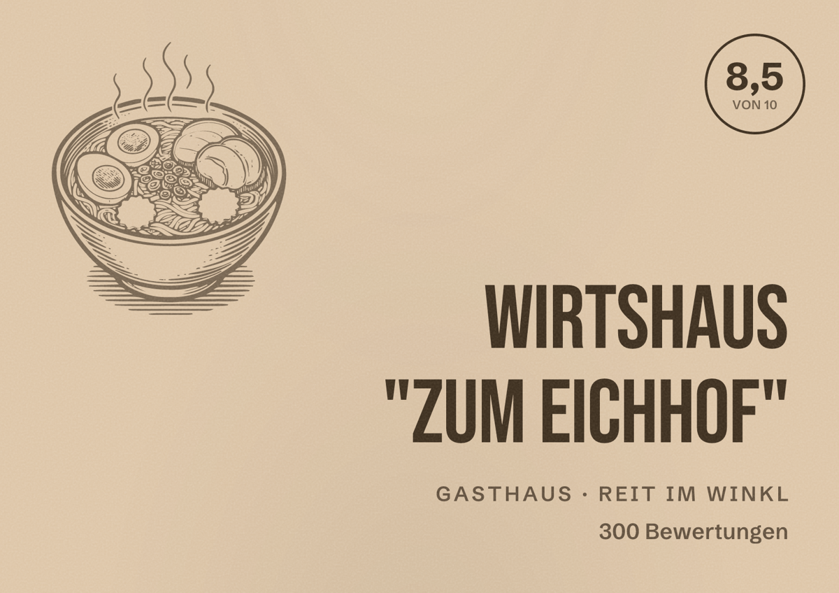 Illustriertes Poster von Wirtshaus "Zum Eichhof", Gasthaus in Reit im Winkl: Bewertung 8,5 von 10 aus 300 Bewertungen