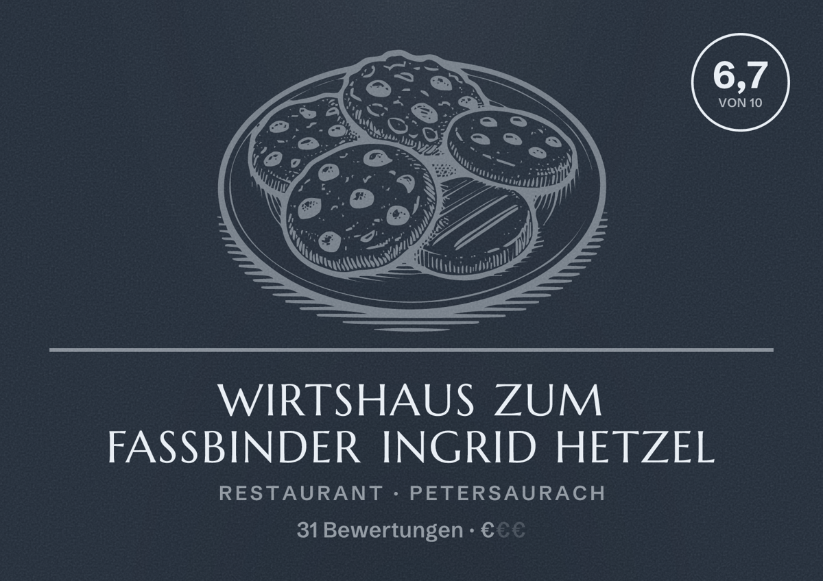 Illustriertes Poster von Wirtshaus zum Faßbinder Ingrid Hetzel, Restaurant in Petersaurach: Bewertung 6,7 von 10 aus 31 Bewertungen, Preisniveau €