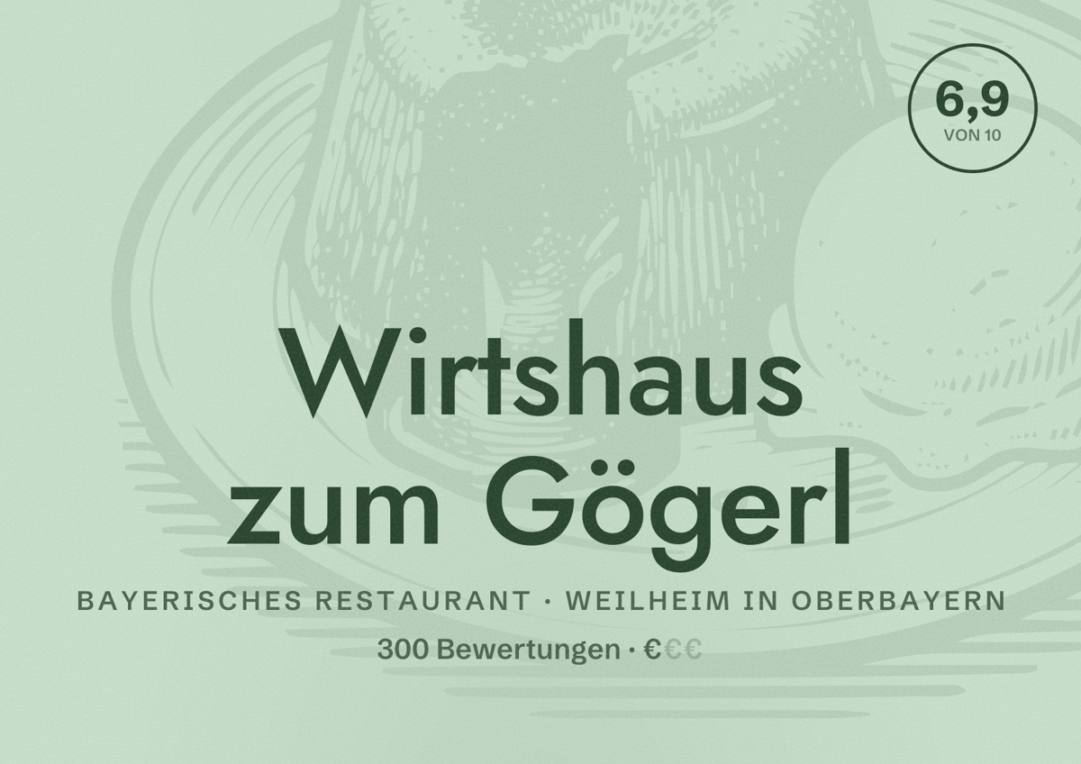 Illustriertes Poster von Wirtshaus zum Gögerl, Bayerisches Restaurant in Weilheim in Oberbayern: Bewertung 6,9 von 10 aus 300 Bewertungen, Preisniveau €
