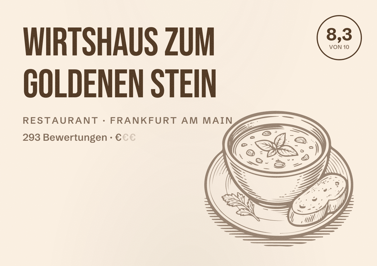 Illustriertes Poster von Wirtshaus zum goldenen Stein, Restaurant in Frankfurt am Main: Bewertung 8,3 von 10 aus 293 Bewertungen, Preisniveau €