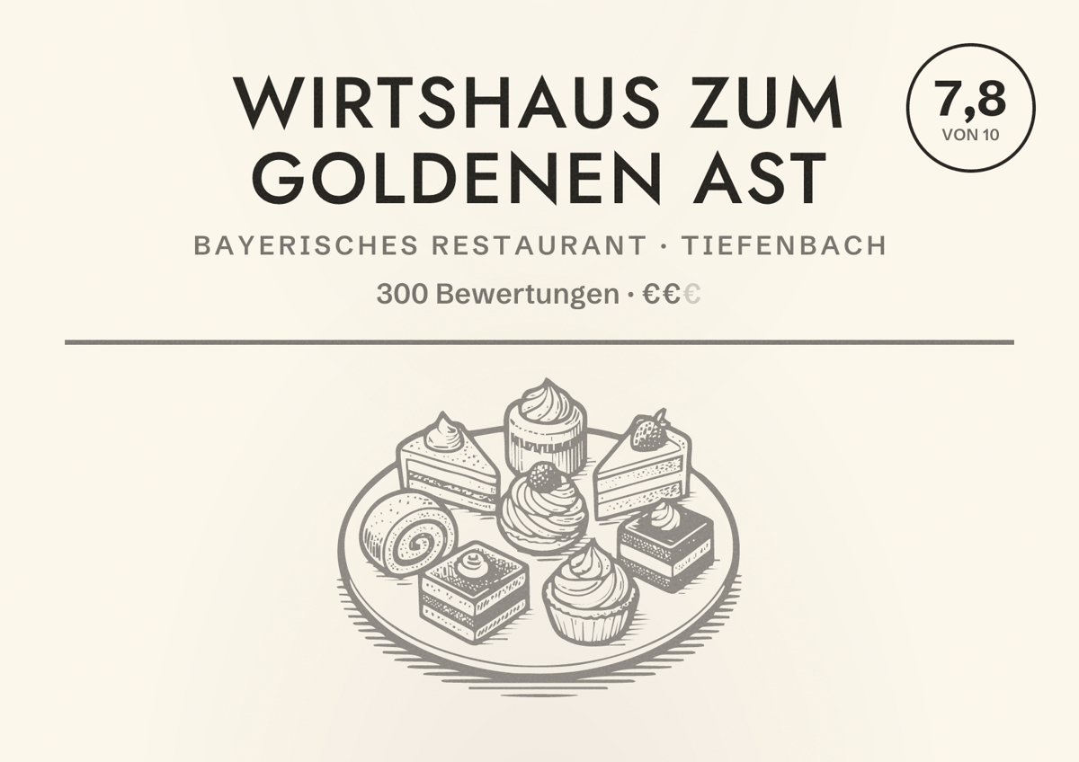 Illustriertes Poster von Wirtshaus zum goldenen Ast, Bayerisches Restaurant in Tiefenbach: Bewertung 7,8 von 10 aus 300 Bewertungen, Preisniveau €€