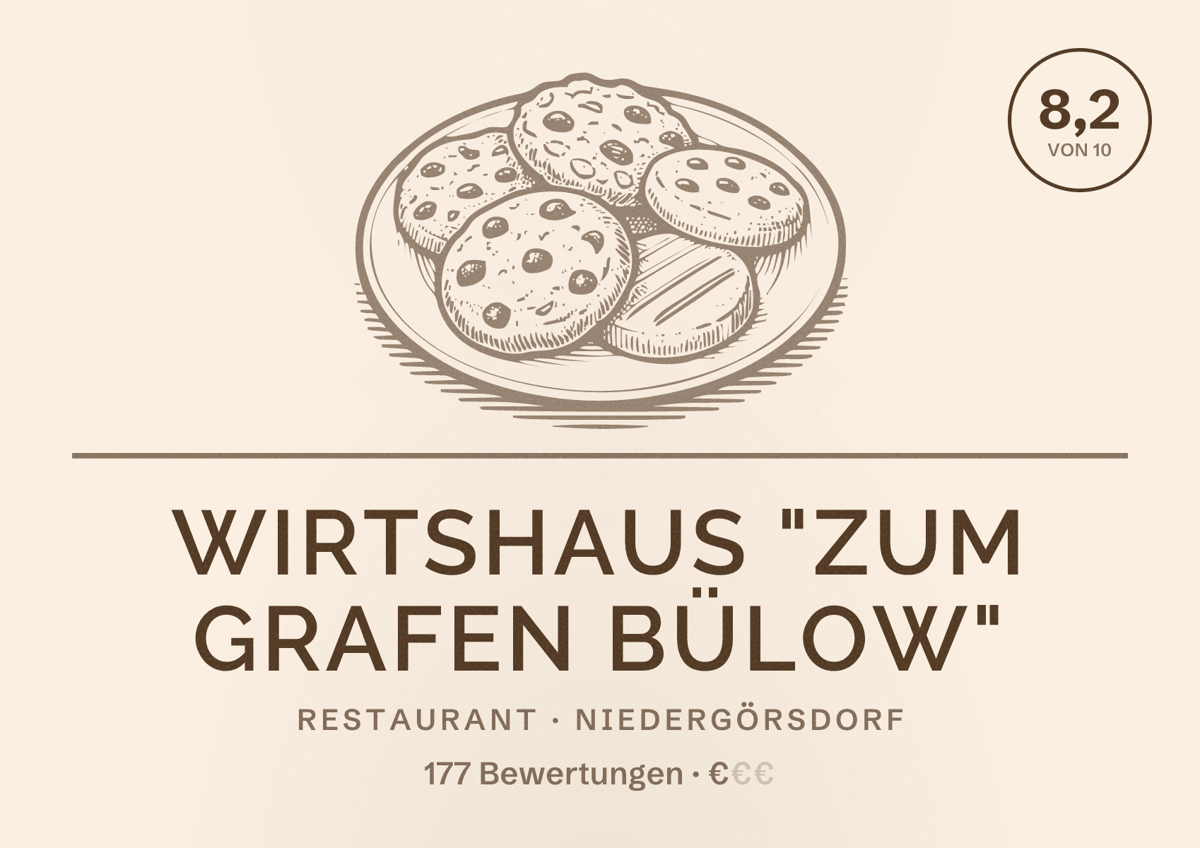 Illustriertes Poster von Wirtshaus "Zum Grafen Bülow", Restaurant in Niedergörsdorf: Bewertung 8,2 von 10 aus 177 Bewertungen, Preisniveau €