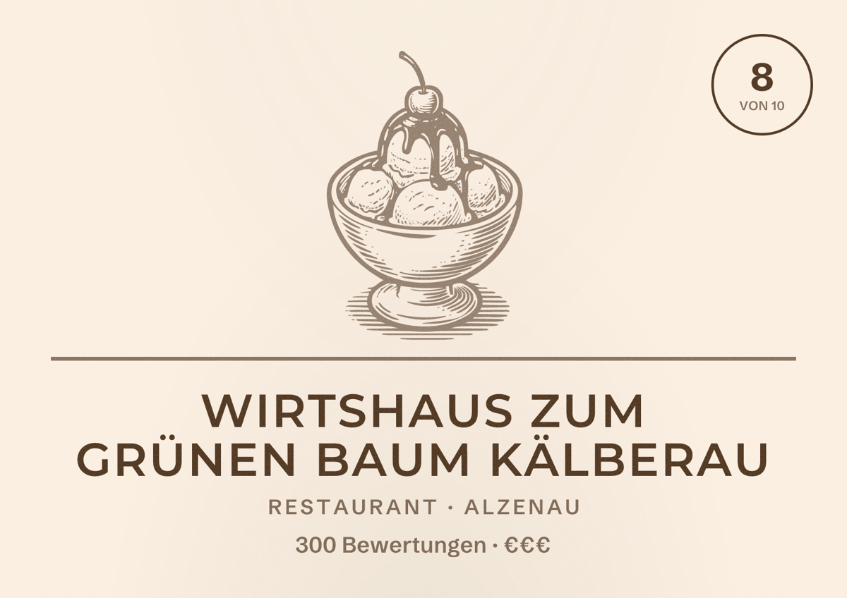 Illustriertes Poster von Wirtshaus Zum Grünen Baum Kälberau, Restaurant in Alzenau: Bewertung 8 von 10 aus 300 Bewertungen, Preisniveau €€€