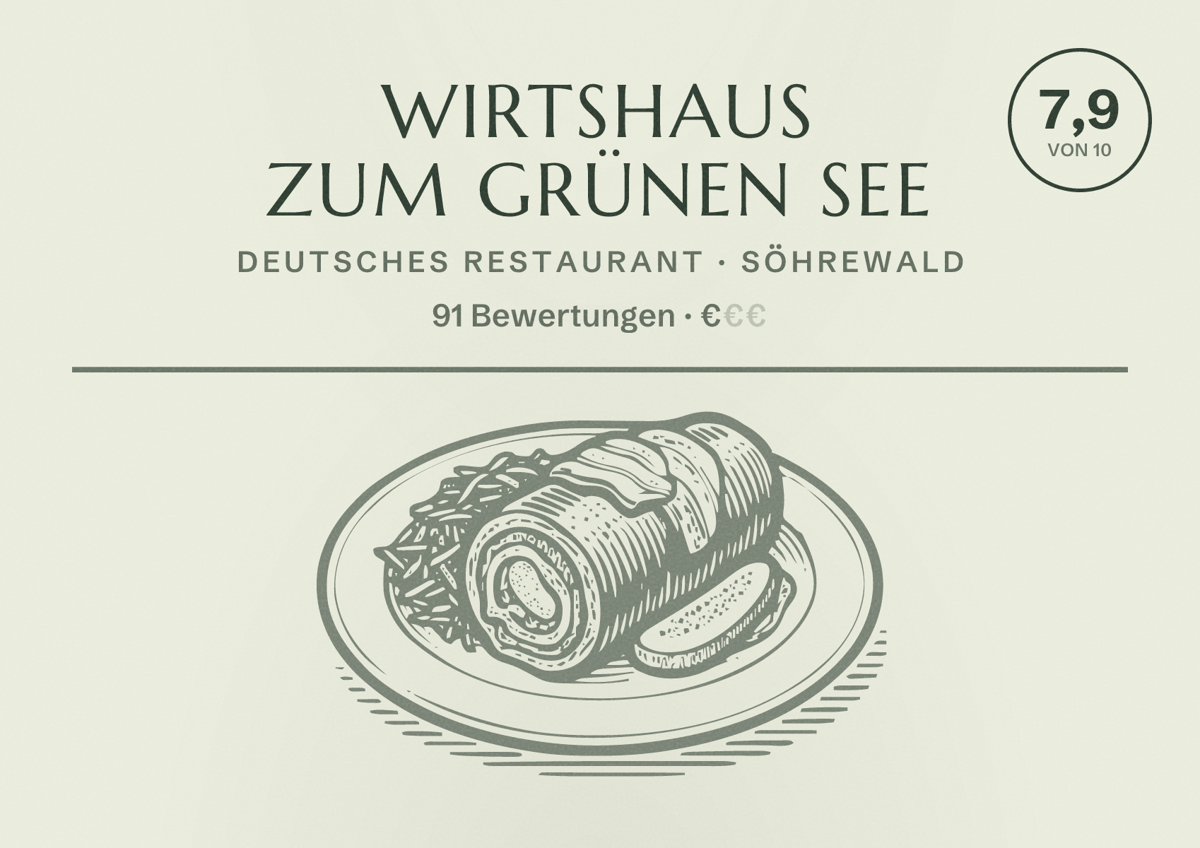 Illustriertes Poster von Wirtshaus Zum Grünen See, Deutsches Restaurant in Söhrewald: Bewertung 7,9 von 10 aus 91 Bewertungen, Preisniveau €
