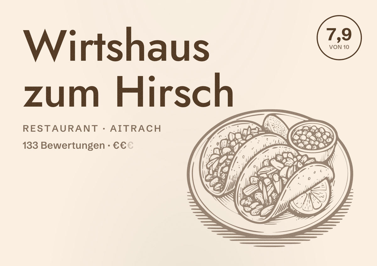 Illustriertes Poster von Wirtshaus zum Hirsch, Restaurant in Aitrach: Bewertung 7,9 von 10 aus 133 Bewertungen, Preisniveau €€