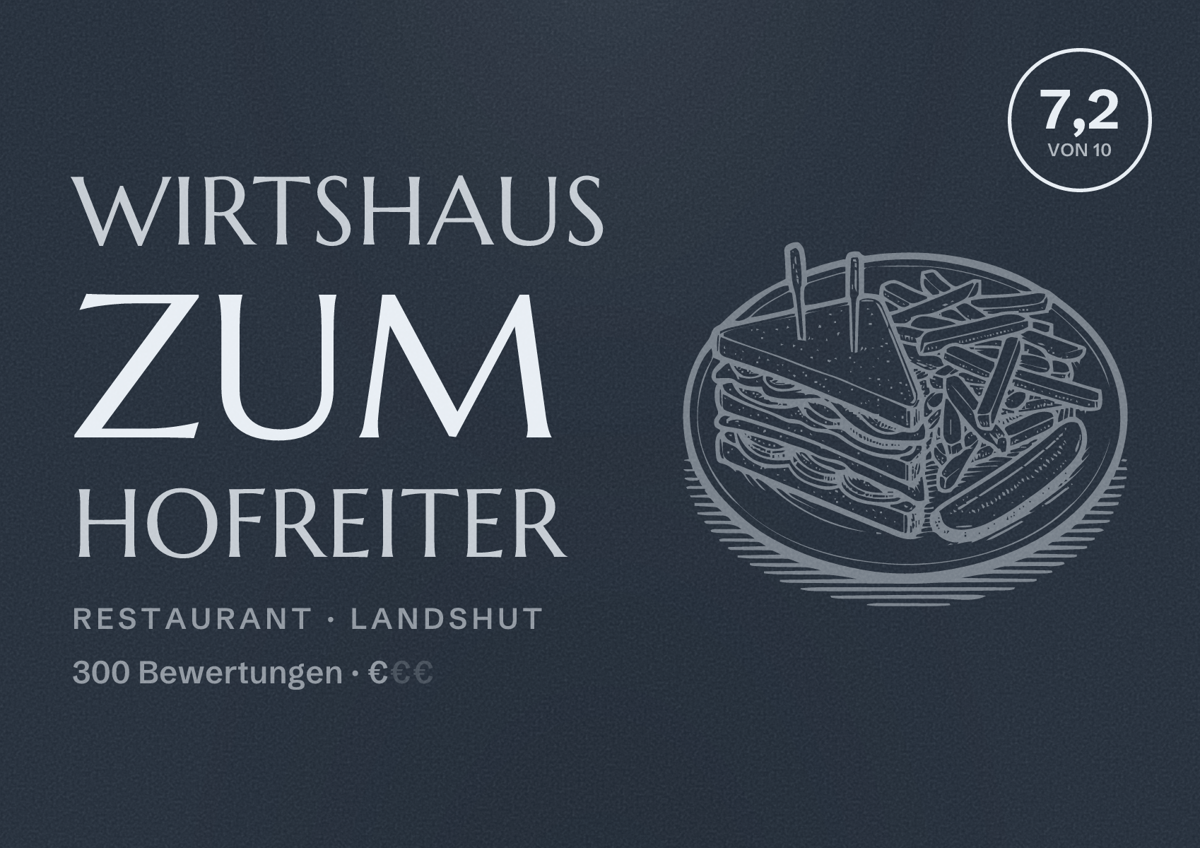 Illustriertes Poster von Wirtshaus zum Hofreiter, Restaurant in Landshut: Bewertung 7,2 von 10 aus 300 Bewertungen, Preisniveau €