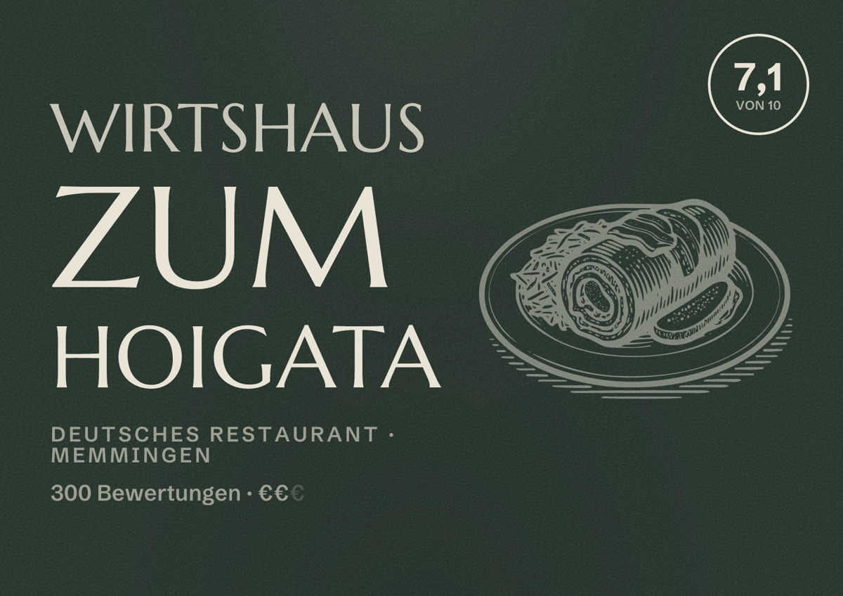 Illustriertes Poster von Wirtshaus zum Hoigata, Deutsches Restaurant in Memmingen: Bewertung 7,1 von 10 aus 300 Bewertungen, Preisniveau €€