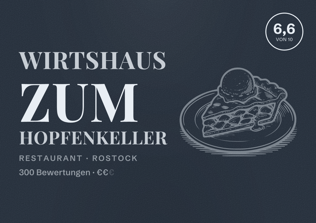 Illustriertes Poster von Wirtshaus zum Hopfenkeller, Restaurant in Rostock: Bewertung 6,6 von 10 aus 300 Bewertungen, Preisniveau €€