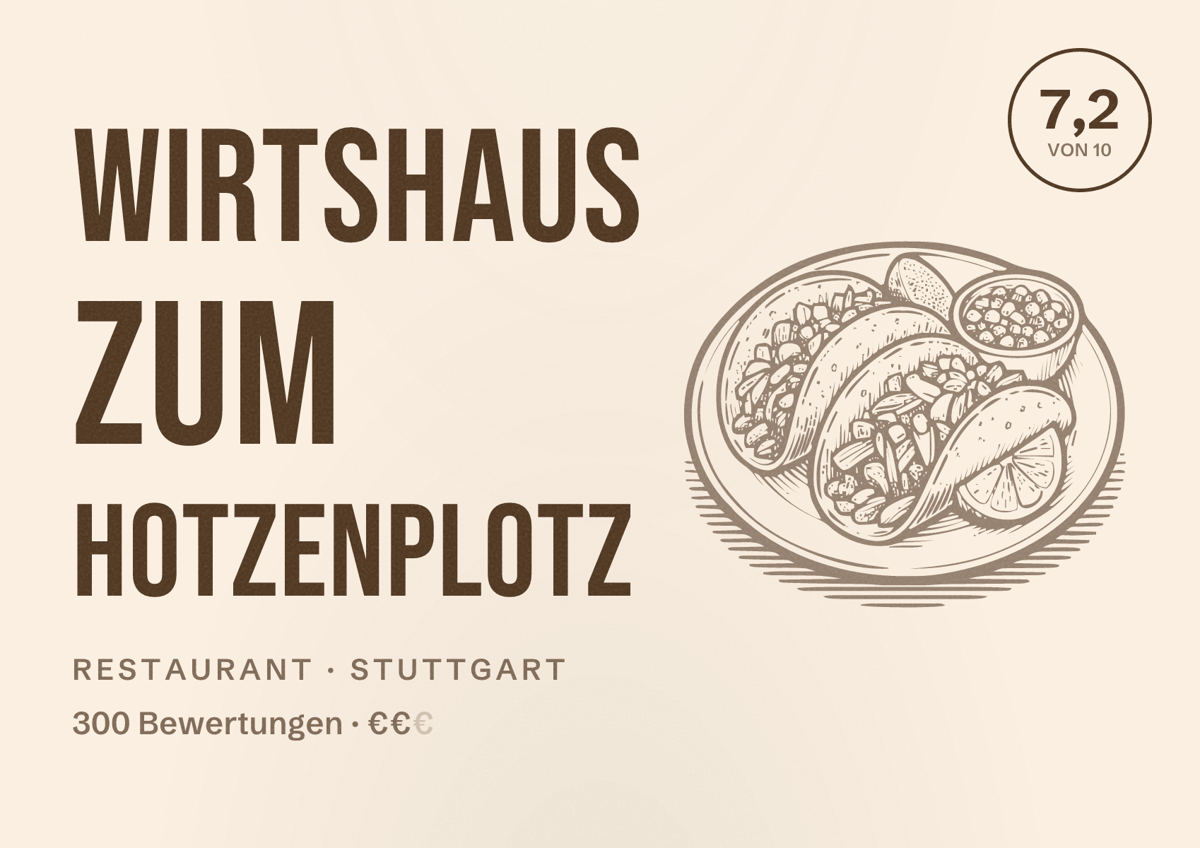 Illustriertes Poster von Wirtshaus zum Hotzenplotz, Restaurant in Stuttgart: Bewertung 7,2 von 10 aus 300 Bewertungen, Preisniveau €€