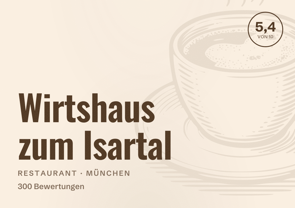 Illustriertes Poster von Wirtshaus zum Isartal, Restaurant in München: Bewertung 5,4 von 10 aus 300 Bewertungen