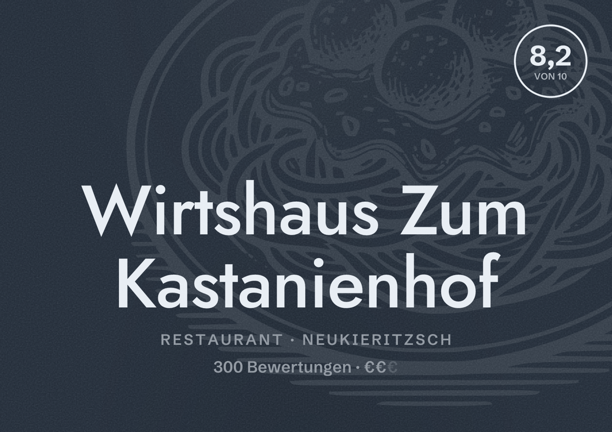 Illustriertes Poster von Wirtshaus Zum Kastanienhof, Restaurant in Neukieritzsch: Bewertung 8,2 von 10 aus 300 Bewertungen, Preisniveau €€