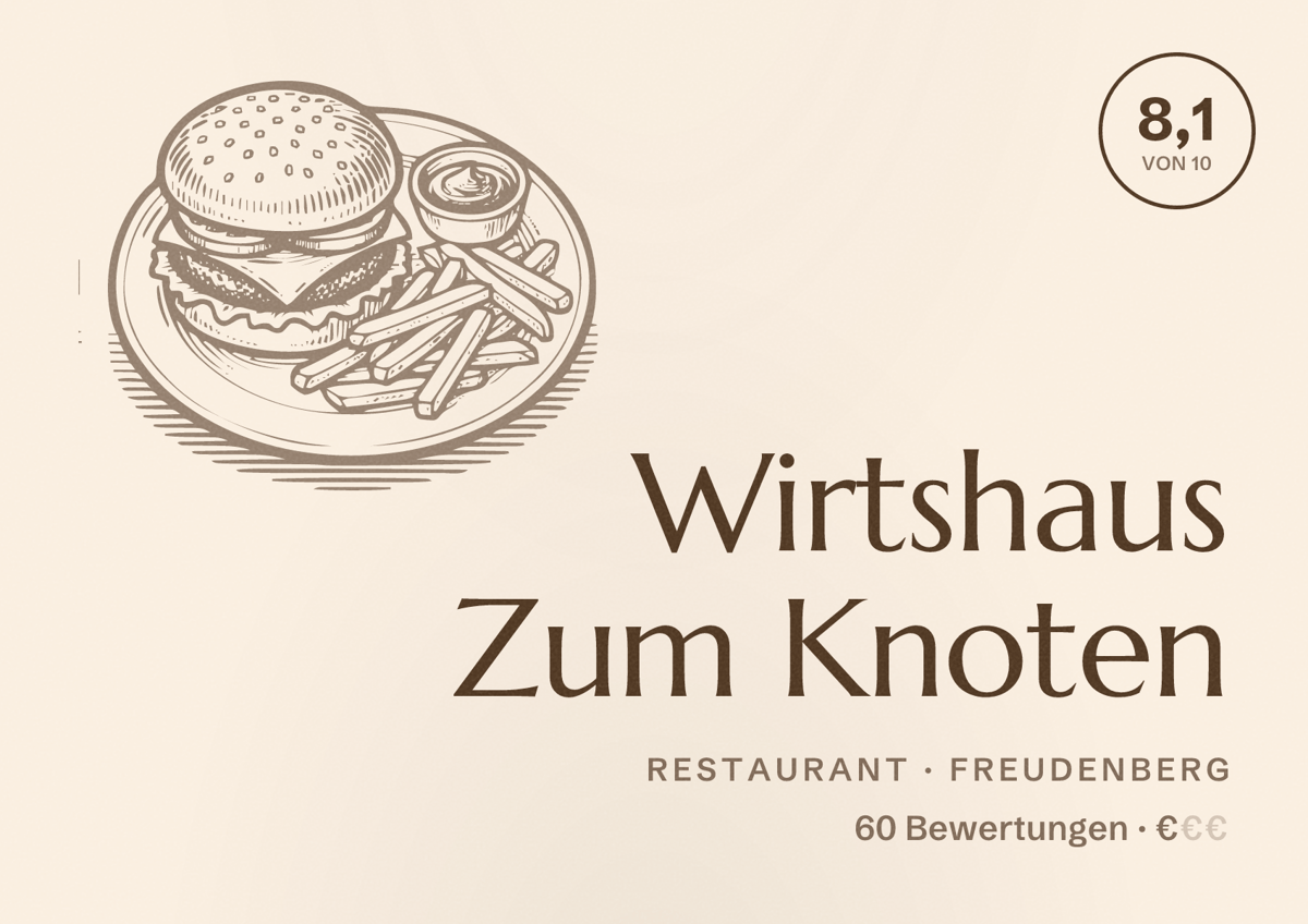 Illustriertes Poster von Wirtshaus Zum Knoten, Restaurant in Freudenberg: Bewertung 8,1 von 10 aus 60 Bewertungen, Preisniveau €