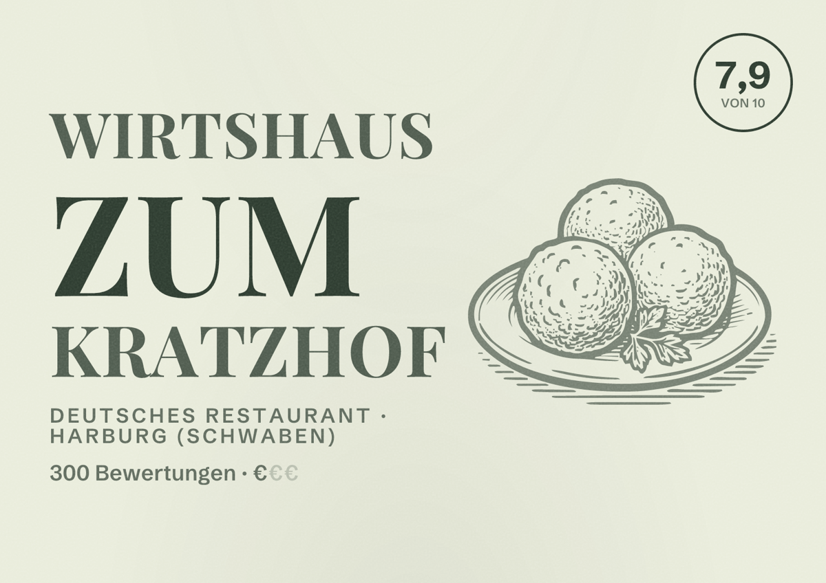 Illustriertes Poster von Wirtshaus zum Kratzhof, Deutsches Restaurant in Harburg (Schwaben): Bewertung 7,9 von 10 aus 300 Bewertungen, Preisniveau €