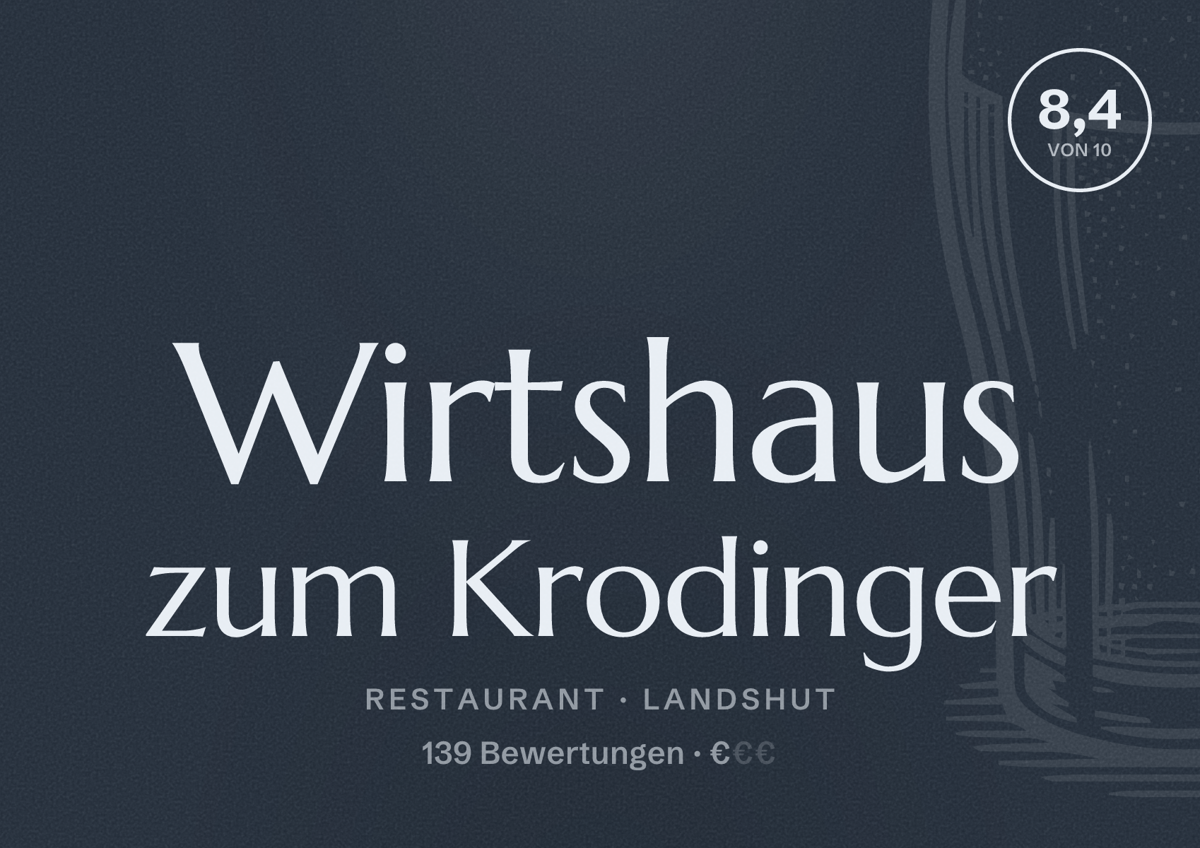 Illustriertes Poster von Wirtshaus zum Krodinger, Restaurant in Landshut: Bewertung 8,4 von 10 aus 139 Bewertungen, Preisniveau €