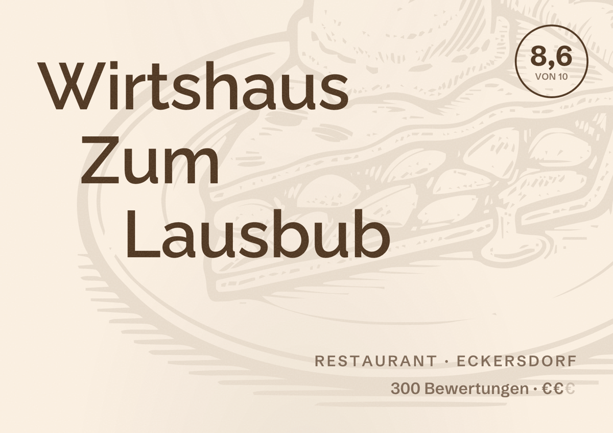 Illustriertes Poster von Wirtshaus Zum Lausbub, Restaurant in Eckersdorf: Bewertung 8,6 von 10 aus 300 Bewertungen, Preisniveau €€