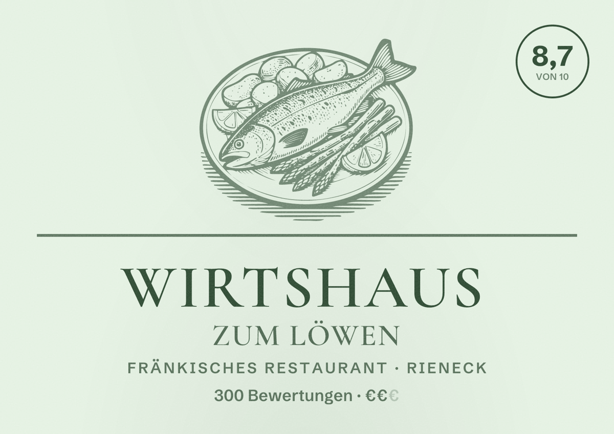 Illustriertes Poster von Wirtshaus Zum Löwen, Fränkisches Restaurant in Rieneck: Bewertung 8,7 von 10 aus 300 Bewertungen, Preisniveau €€