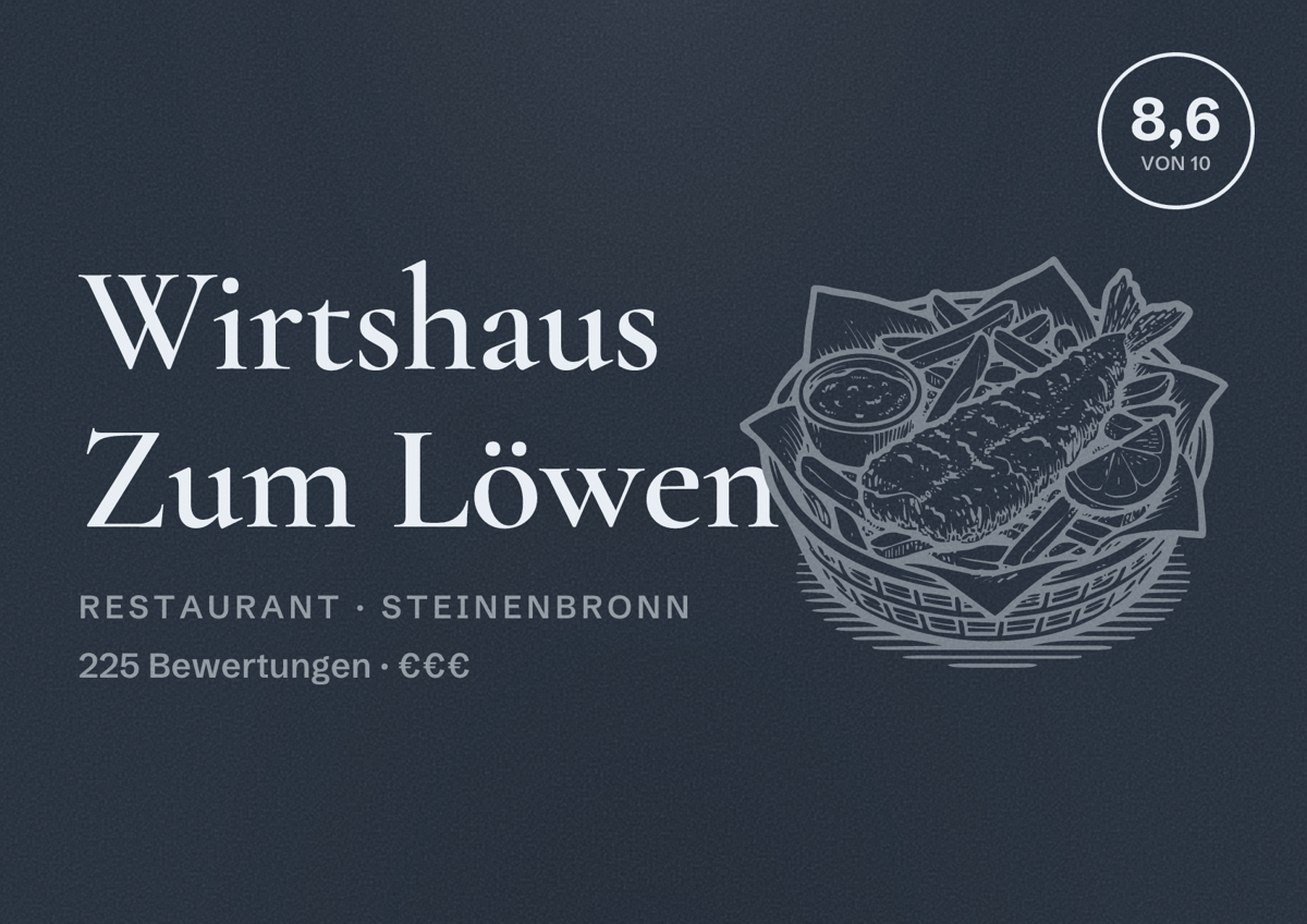 Illustriertes Poster von Wirtshaus Zum Löwen, Restaurant in Steinenbronn: Bewertung 8,6 von 10 aus 225 Bewertungen, Preisniveau €€€