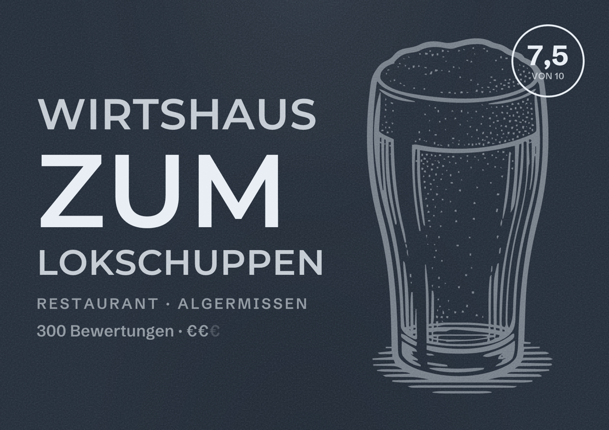 Illustriertes Poster von Wirtshaus zum Lokschuppen, Restaurant in Algermissen: Bewertung 7,5 von 10 aus 300 Bewertungen, Preisniveau €€