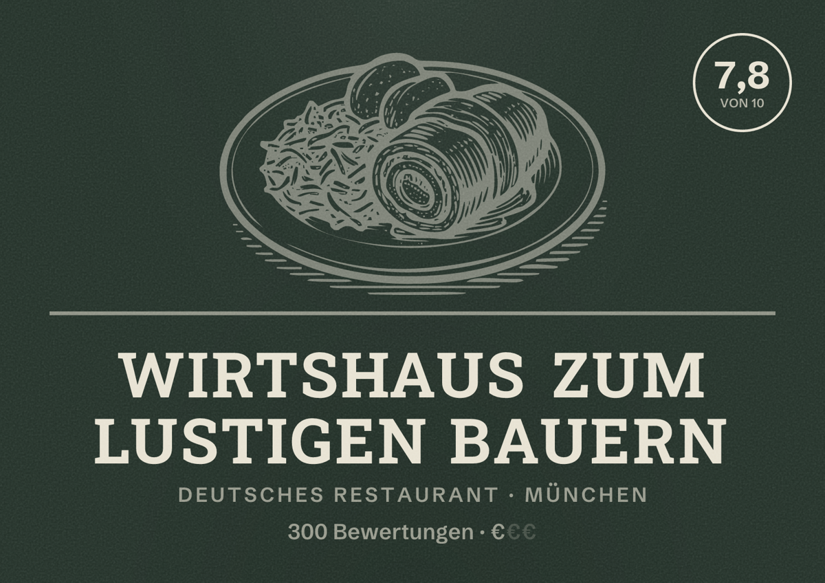 Illustriertes Poster von Wirtshaus Zum lustigen Bauern, Deutsches Restaurant in München: Bewertung 7,8 von 10 aus 300 Bewertungen, Preisniveau €