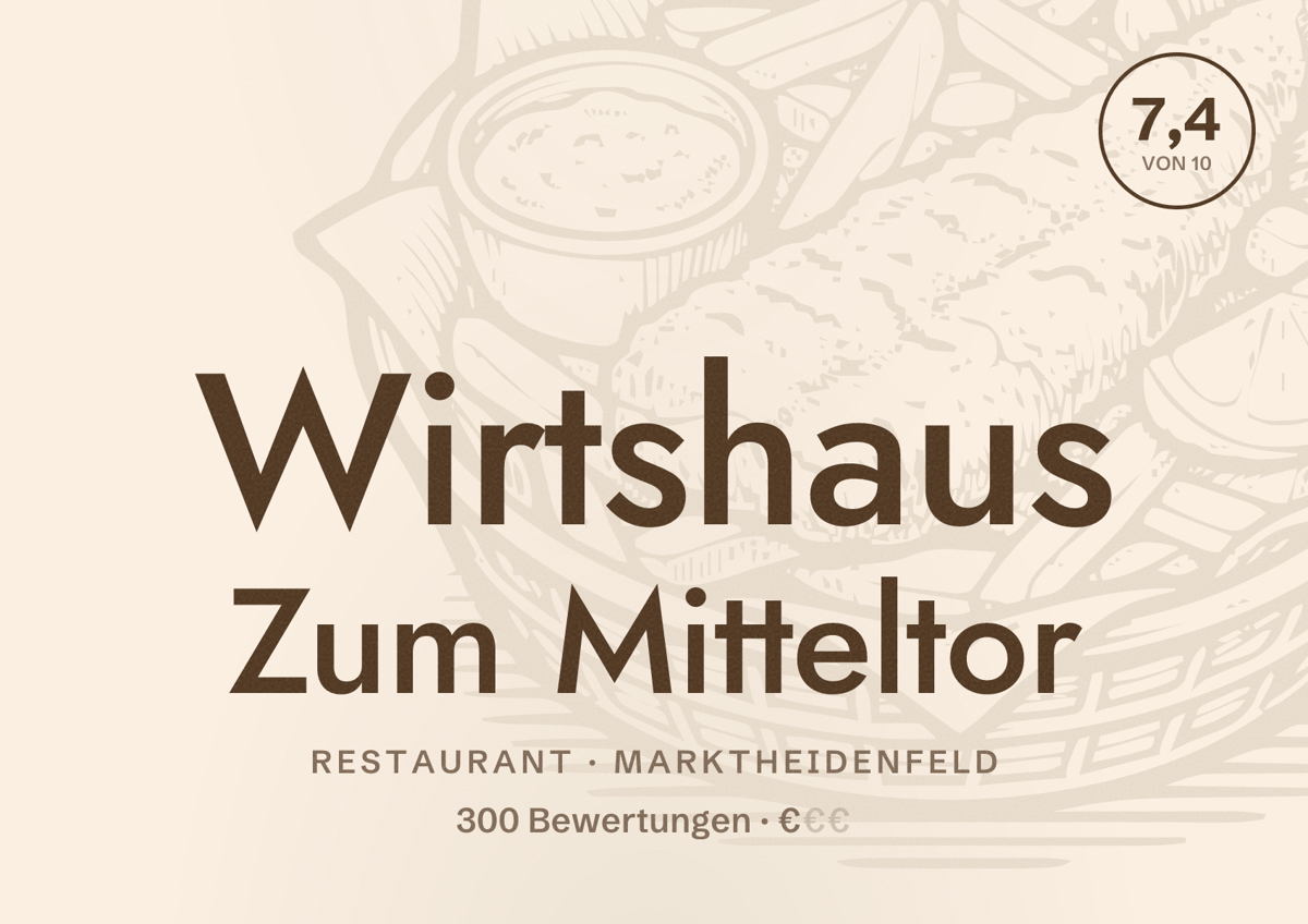Illustriertes Poster von Wirtshaus Zum Mitteltor, Restaurant in Marktheidenfeld: Bewertung 7,4 von 10 aus 300 Bewertungen, Preisniveau €