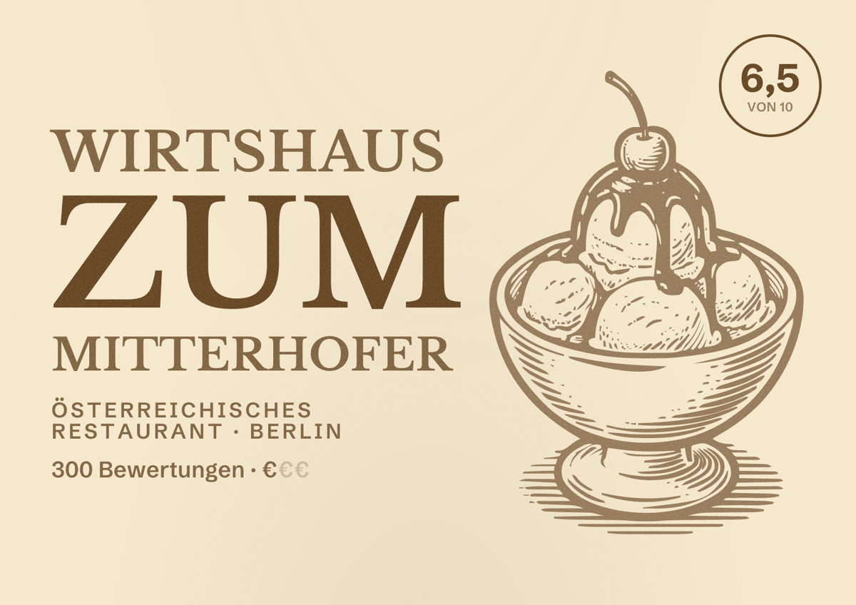 Illustriertes Poster von Wirtshaus zum Mitterhofer, Österreichisches Restaurant in Berlin: Bewertung 6,5 von 10 aus 300 Bewertungen, Preisniveau €
